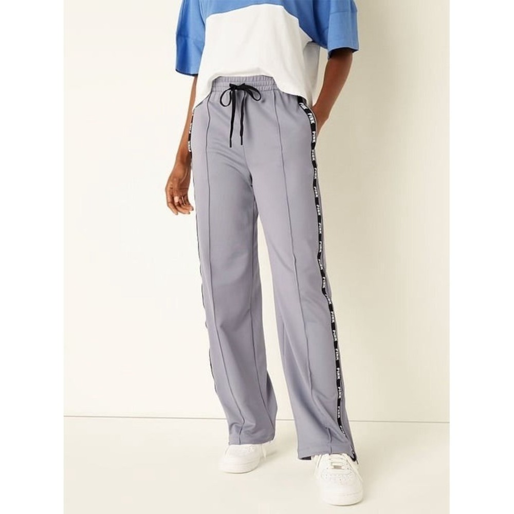 PINK Active High Waist Wide Leg Zip Hem Track Pants Gray Logo Tape Size S‎